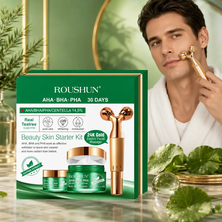 ROUSHUN Set Beauty Skin Starter Kit – Set 30 Ditor për Kujdes të Avancuar të Lëkurës me Masazhues Facial 24K Gold